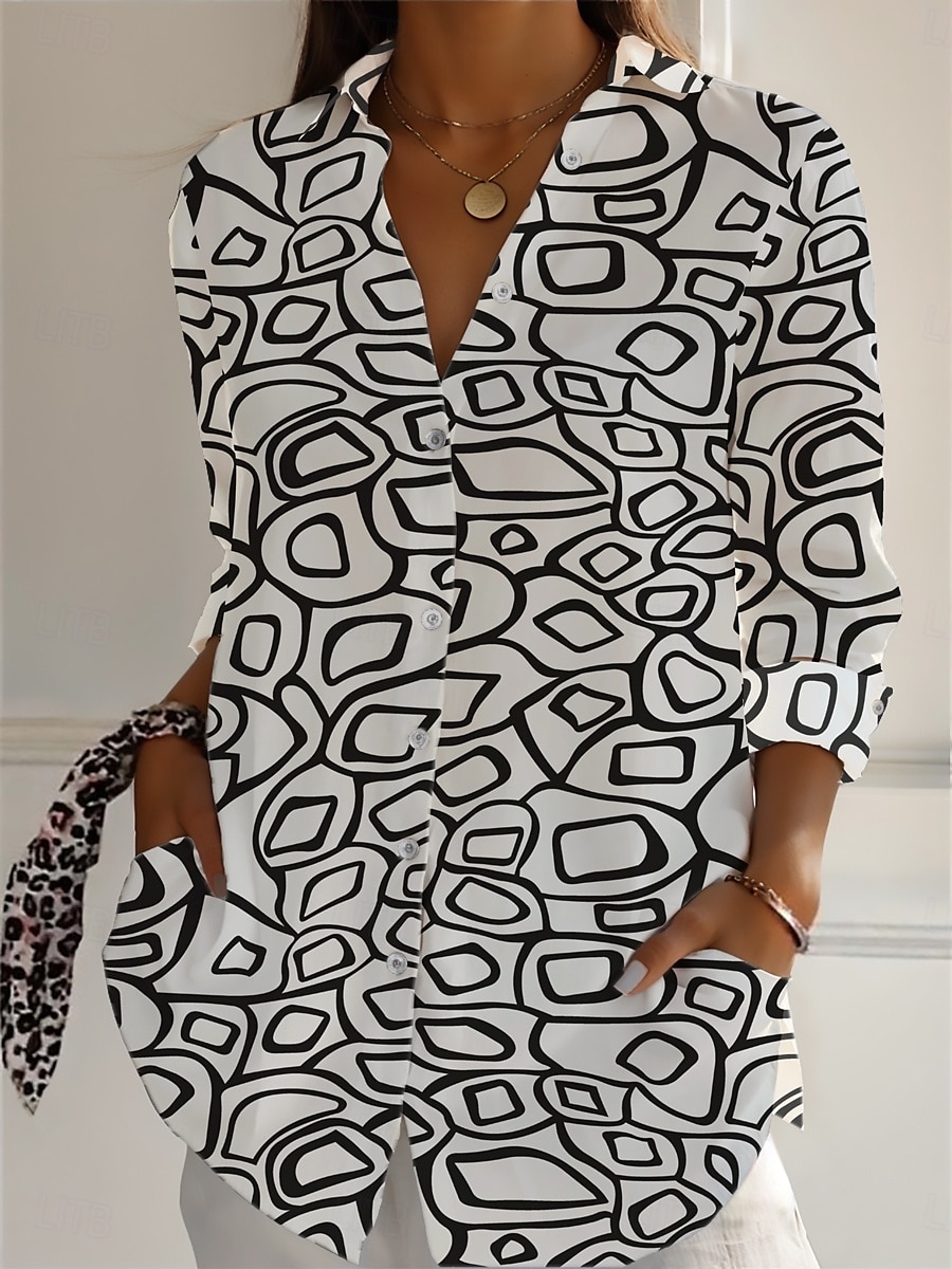 Femmes Chemises en coton et lin Géométrique Quotidien Occasionnel Manche 3/4 Col de chemise Hauts Réguliers Quotidien Fête Boutons Imprimé Noir Blanche Marron Vert Été de 2025 ? AU $30.79 –P3