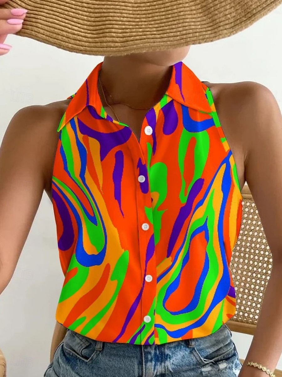 Dames Overhemd Grafisch Kleurenblok Stijlvol Casual Mouwloos Overhemdkraag Normale tops Dagelijks Knop Afdrukken Zwart Marineblauw blauw Regenboog Zomer 2025 - $15.99 –P3