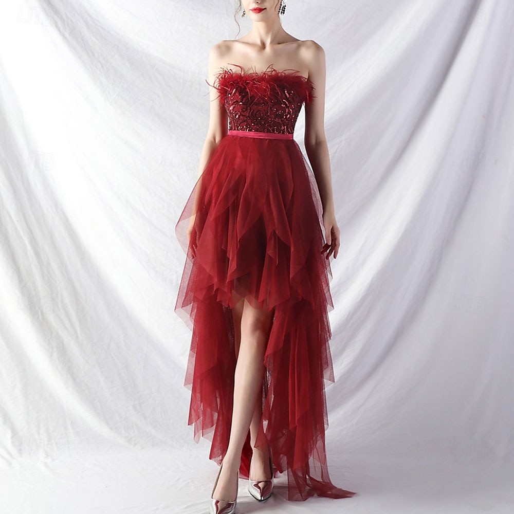 A-Line Quinceanera Dresses Elegant Dress Formal Wedding Asymmetrical Sleeveless Strapless Tulle Backless with Feather Embroidery 2025 - $84.99 –P18