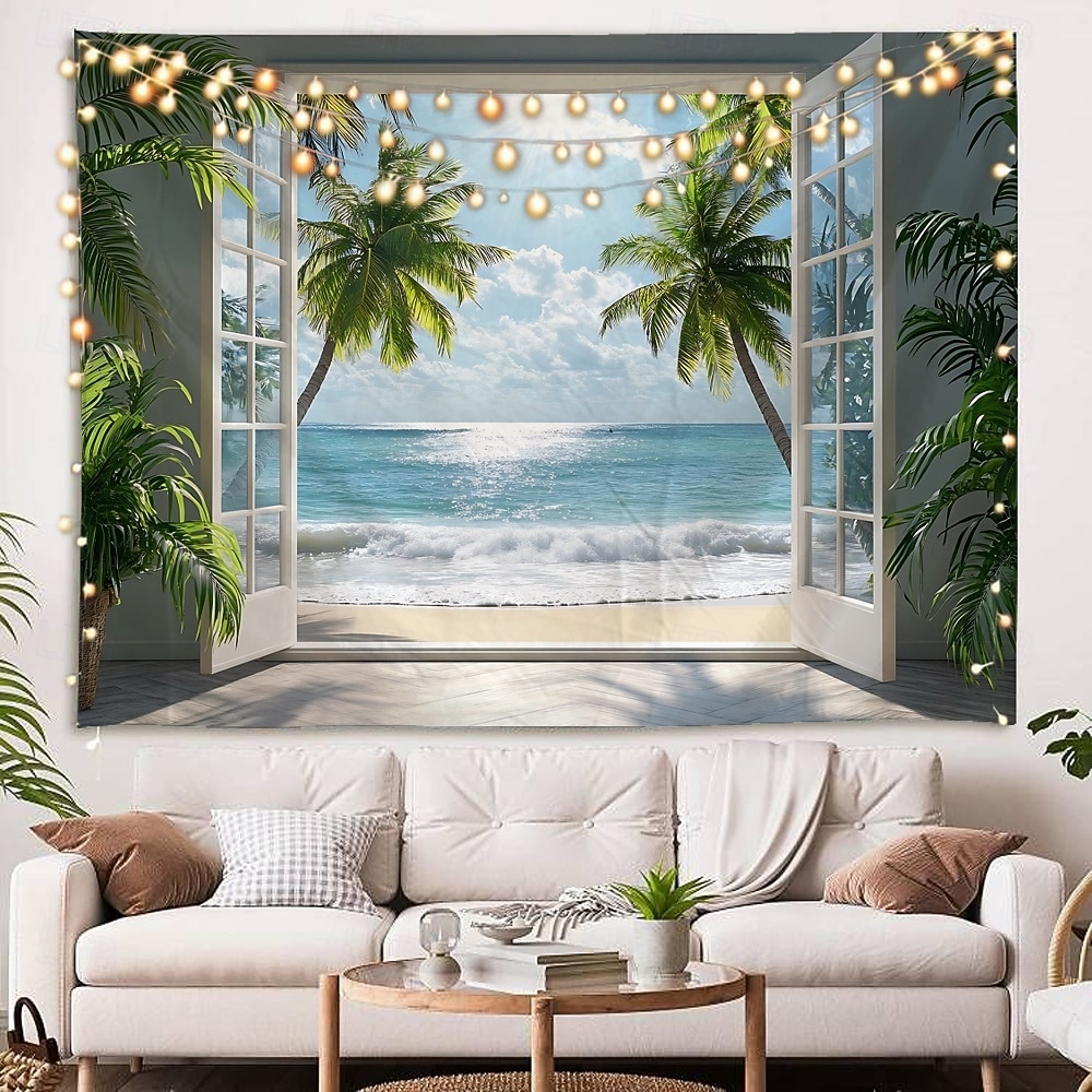 vindusgardiner havbølger kokospalmer landskap billedvev dekorativ kunst tepper gardiner hengende hjem soverom stue dekorasjon 2026 - $16.99 –P8