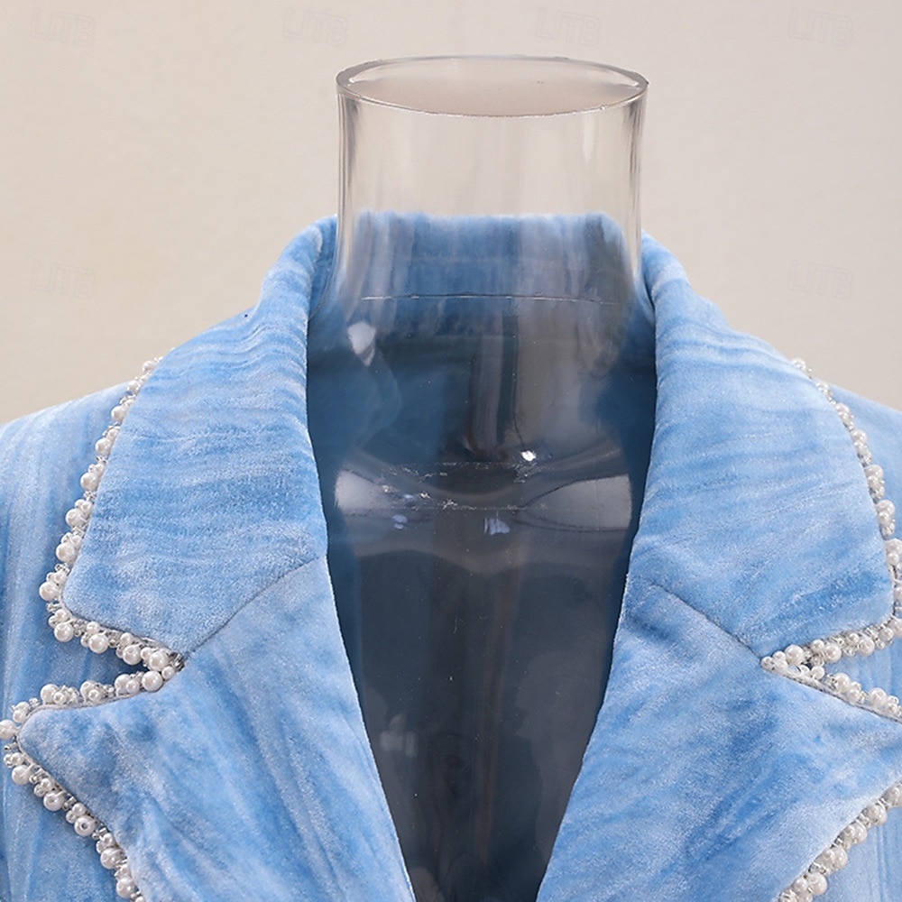 Blue Velvet Pantsuit Mother of the Bride Suit Elegant Minimalist Notched Lapel Floor Length Long Sleeve with Pearls 2025 - $129.99 –P5