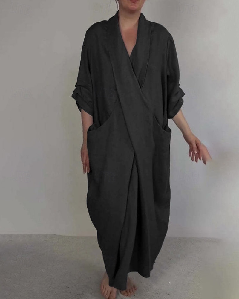 Per donna Abito Lungo Maxi Abito Abito in cotone e lino Moda Moderno All'aperto Vacanza Ferie Vestibilità regolare Semplice Mezza Manica Scollo a V Nero Bianco Blu Viola Estate del 2025 a $26.99 –P7