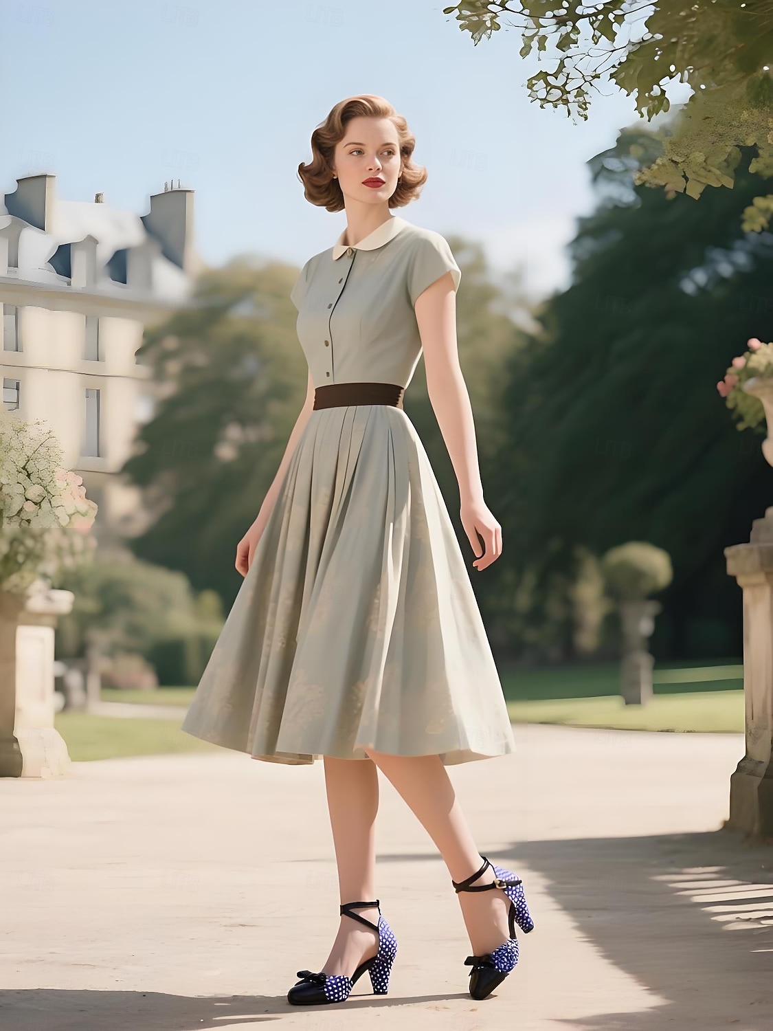 Naisten tummansiniset pilkulliset 1950-luvun vintage-nilkkaremmillä varustetut korkokengät, joissa musta rusetti ja retrokorko, pin-up-tyyliin, teekutsuille ja erityistilaisuuksiin 2026 - $46.99 –P1