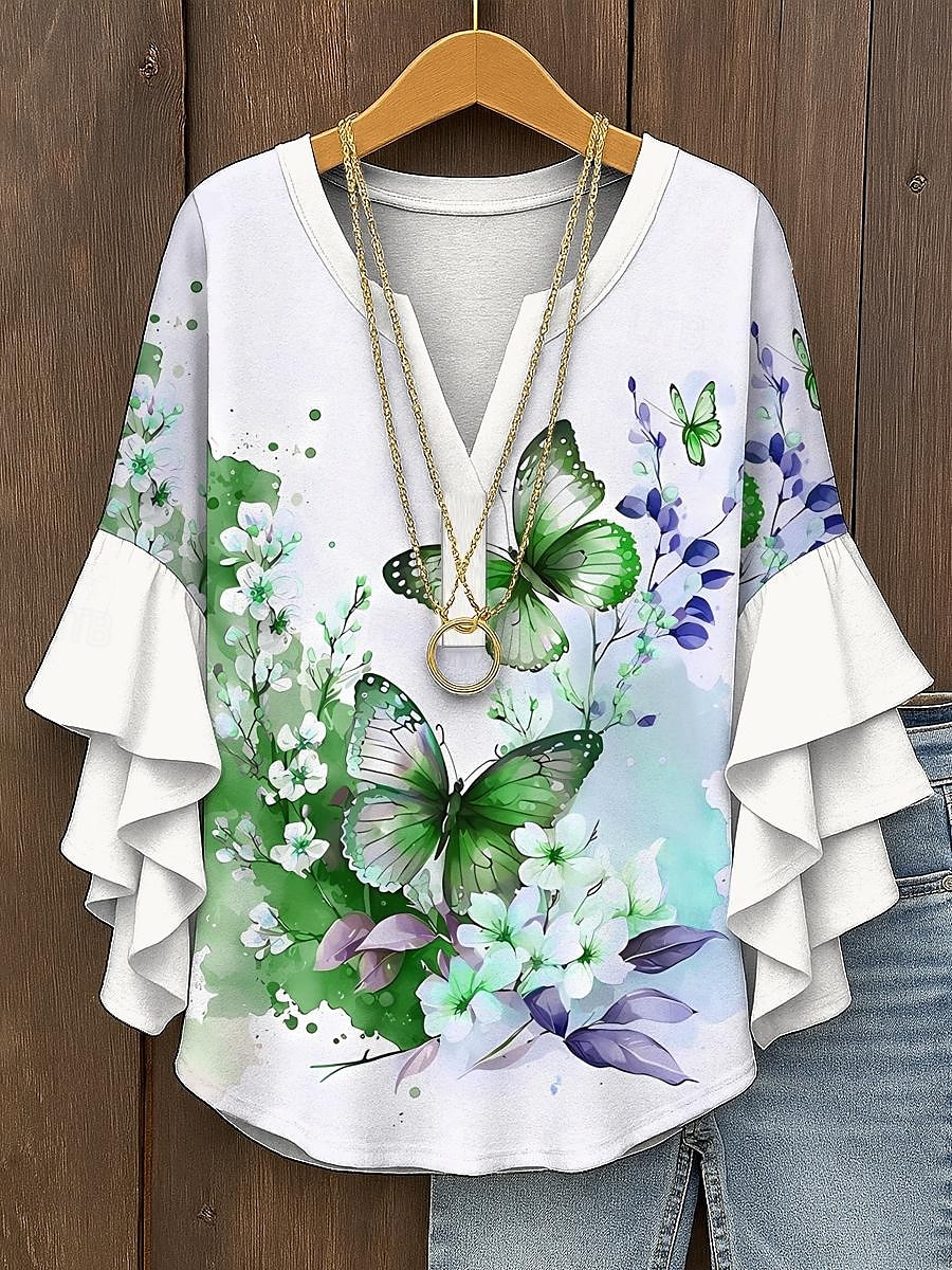 Women's Blouse Layered Ruffle Sleeve Tops Floral Graphic Butterfly Bohemia Vintage Tropical 3/4 Length Sleeve V Neck Regular Tops Daily Holiday Vacation Wear Print Yellow Red Blue Purple Green Summer 2025 - $29.99 –P4