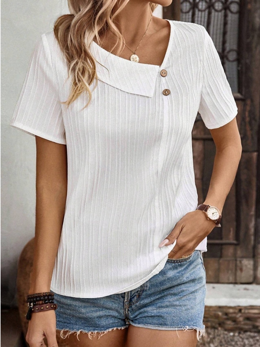 Dames Overhemd Effen Kleur Stijlvol Modern Casual Korte mouw V-hals Normale tops Dagelijks Knop Wit Zomer Lente 2025 - $19.99 –P1