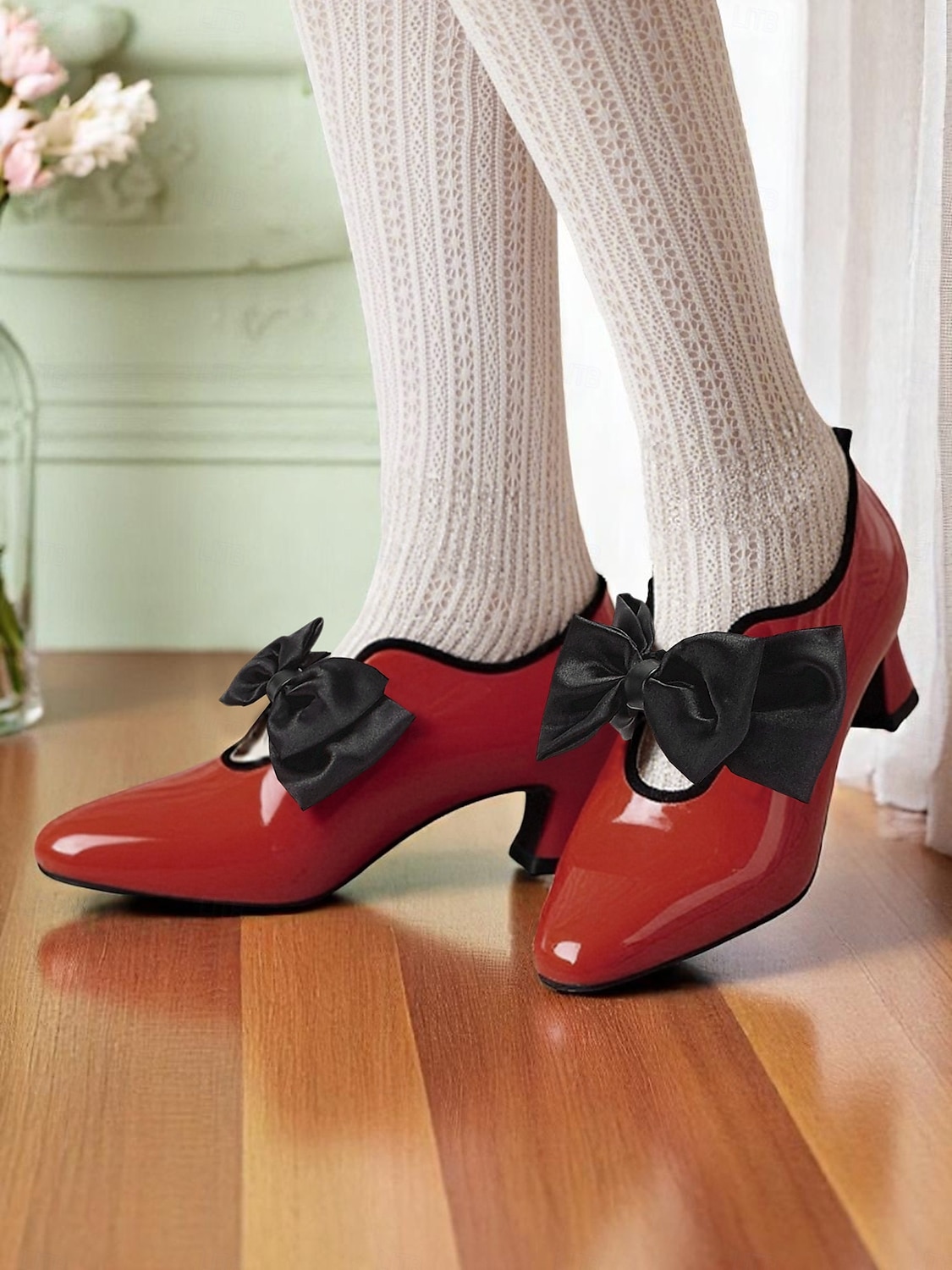 Pantofi de damă din piele lăcuită roșie cu toc jos – pantofi cu vârful ascuțit, stil vintage anii 1920, cu fundă neagră, pentru petreceri de ceai, nunți și evenimente retro 2025 - $54.99 –P1