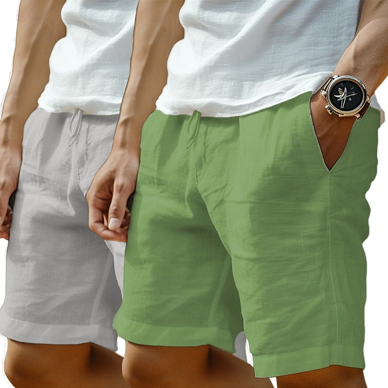 Confezione da 2 pantaloncini da uomo in lino, estivi, da spiaggia, con coulisse, tasca, elastico in vita, tinta unita, comodi, traspiranti, lunghezza al ginocchio, casual, per tutti i giorni, per le vacanze, alla moda, verde+grigio, nero+grigio del 2025 a $26.99 –P5