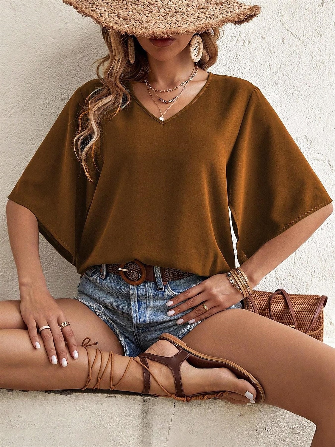 Mulheres Tops de verão Tecido à moda Meia Manga Manga Morcego Decote V Tops regulares Diário Marron Verde Verão de 2025 por $19.49 –P4