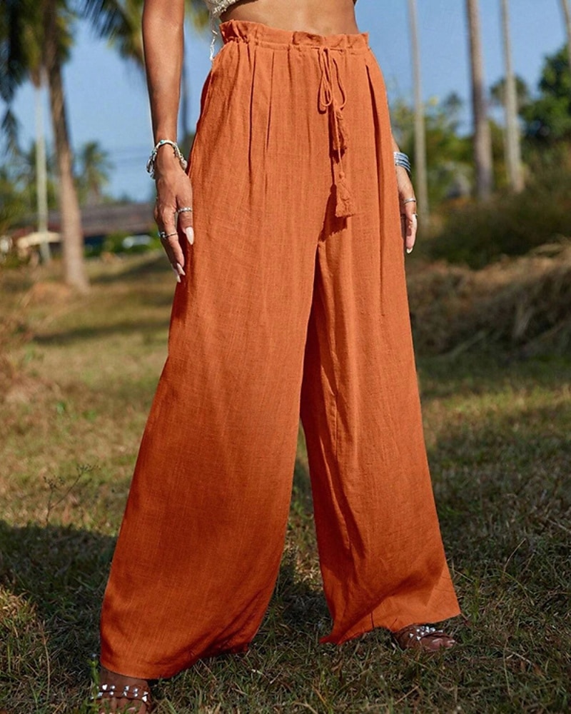 Women's Cotton Linen Pants Slacks Streetwear Casual Full Length Natural Plain Pocket Elastic Drawstring Design Comfy Outdoor Vacation Going out Orange Beige Summer Regular Fit 2025 - $31.99 –P4