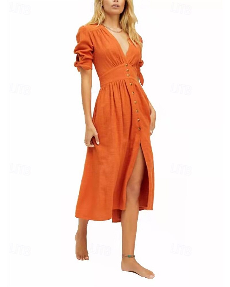 Femmes Robe Midi Robes en coton et lin Robe Décontractée Robe bohème Élégant Mode Extérieur Soirée Fête Coupe régulière Uni manche longue Col en V Orange Été de 2025 ? $36.99 –P1