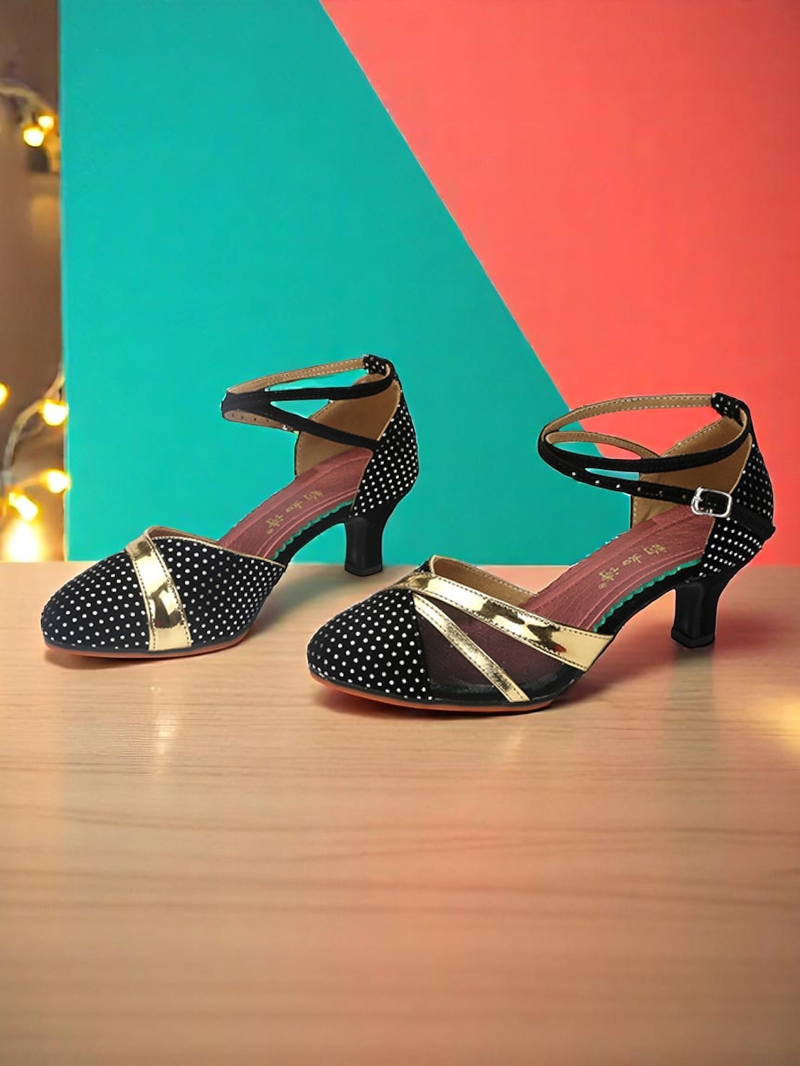 Pantofi de dans negri cu buline și accente aurii pentru femei - tocuri profesionale pentru dansuri latino cu bareta la gleznă pentru artiști și antrenamente de dans 2025 - $29.99 –P4