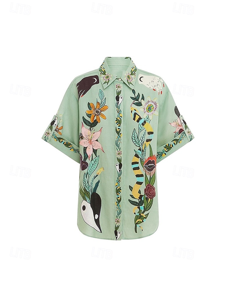 Femmes Mode Streetwear Chemises en coton et lin Ensembles en coton et lin Ensembles de Shorts Manche Courte Col de chemise Fleuri Imprimé Tenue quotidienne Date Vert Été Coupe régulière de 2025 ? $30.99 –P5