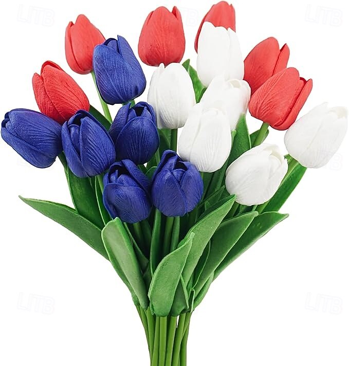 18 db igazi tulipán, mesterséges hazafias virágok július 4-i dekorációra, temetői virágok sírvázába, emléknapra, függetlenség napjára, dekoráció 2025 - $21.99 –P2