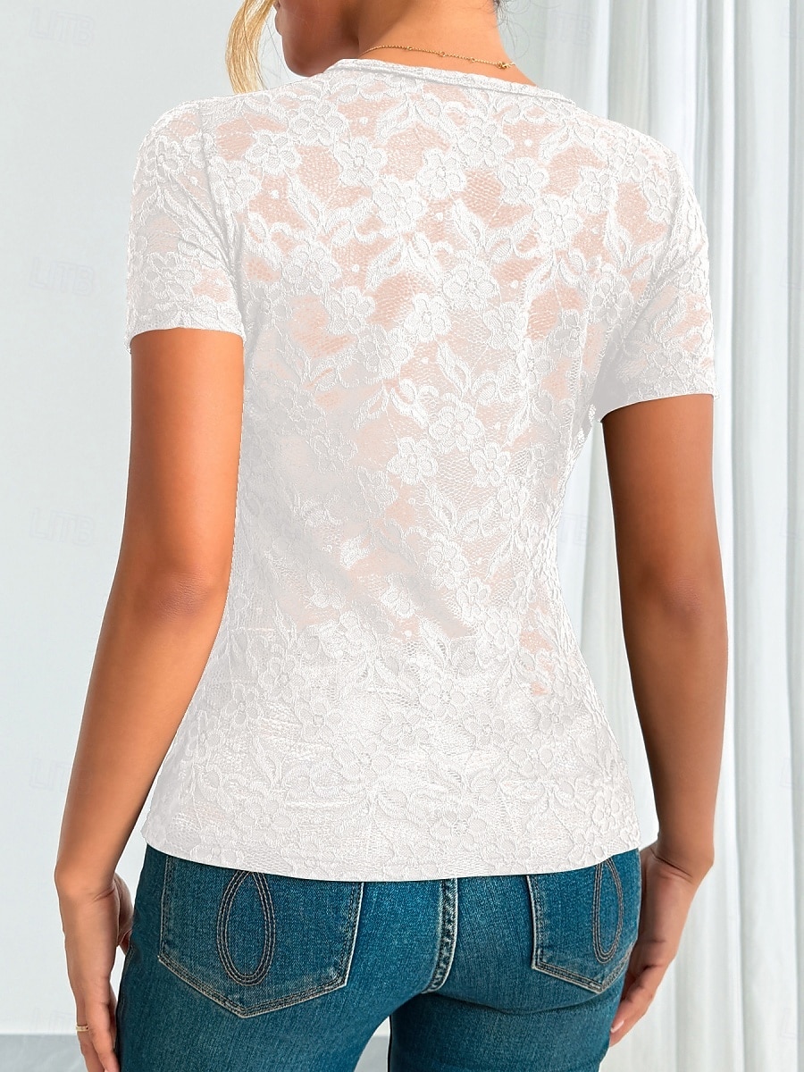 Blouse en dentelle pour femmes tops à couleur unie élégant décontracté manches courtes col en V tops réguliers quotidiens patchwork en dentelle noir blanc vert été printemps de 2025 ? $22.99 –P18