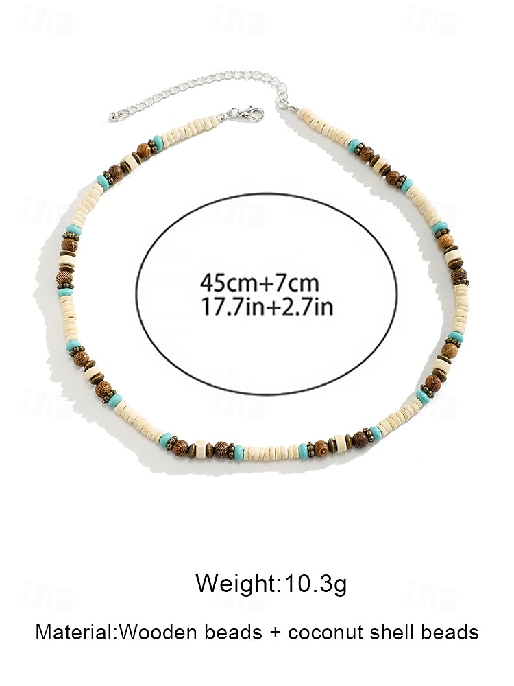 Men's Natural Beaded Necklace with Wood and Turquoise Accents – Bohemian Surf Style Jewelry for Casual Outfits, Summer Festivals and Beachwear 2025 - $9.99 –P8