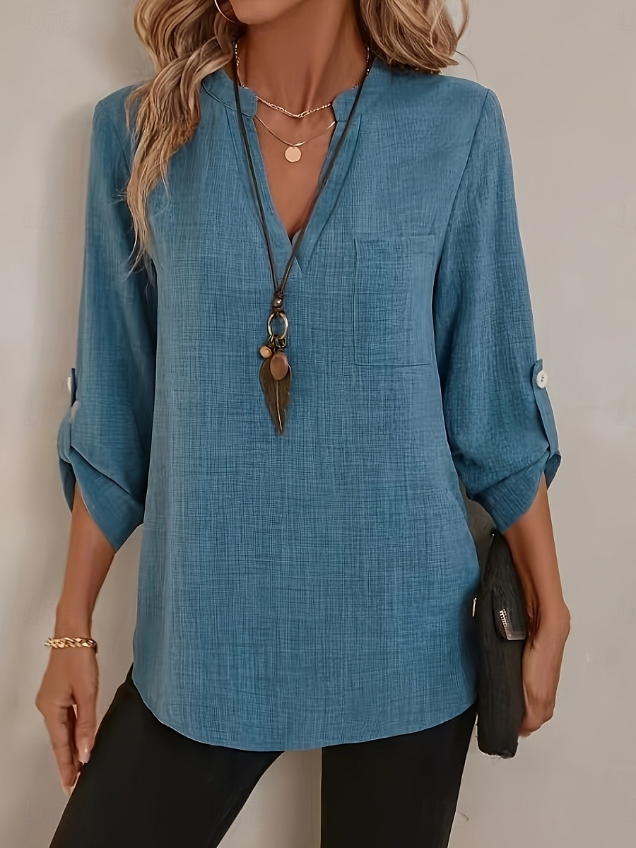 Femmes Chemise Uni Basique Occasionnel manche longue Encolure en V Hauts Réguliers Quotidien Boutons Noir Rose Claire Bleu Roi Bleu Vert Été Printemps de 2025 ? $17.99 –P6