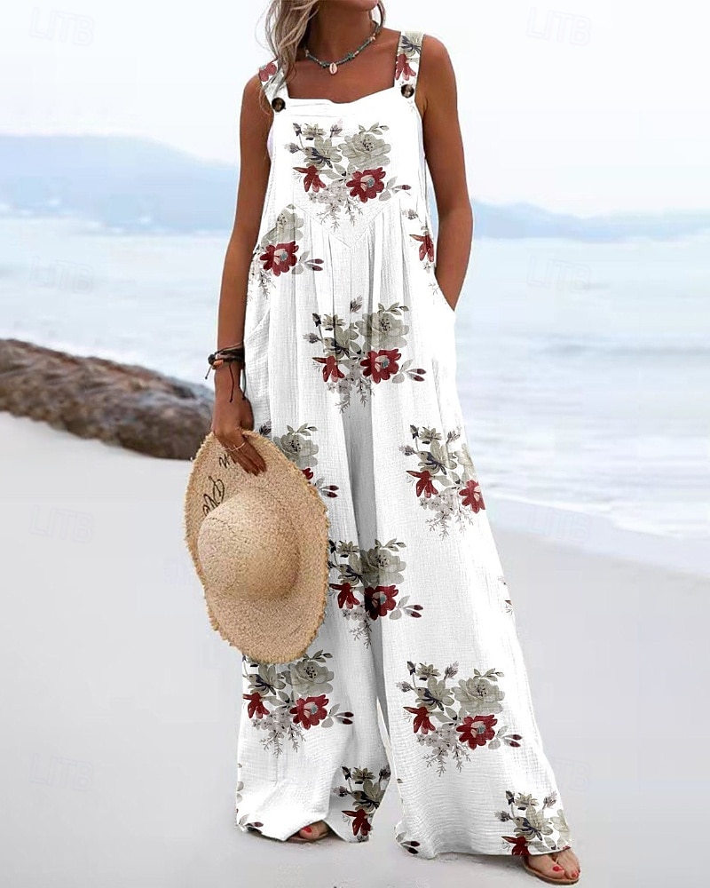 Damen Jumpsuit Latzhose Streetwear Blumenmuster Ärmellos U-Ausschnitt Taschendruck Alltag Ausgehen Regular Fit Rosa Braun Beige Sommer 2025 - $24.99 –P2