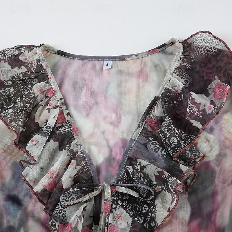 Damen Boho-Hemd Bluse Blume Modern Boho Langarm V Ausschnitt Normale Oberteile Täglich Ferien Netz Druck Purpur Sommer 2025 - $21.99 –P7