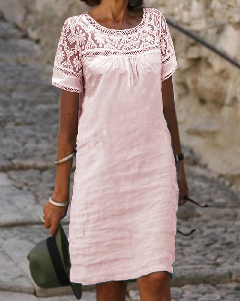 Femmes Mini Robe Robe en coton et lin Mode Moderne Extérieur Vacances Fête Coupe régulière Uni Manche Courte Col ras du cou Noir Blanche Rose Claire Kaki Été de 2025 ? $12.99 –P5