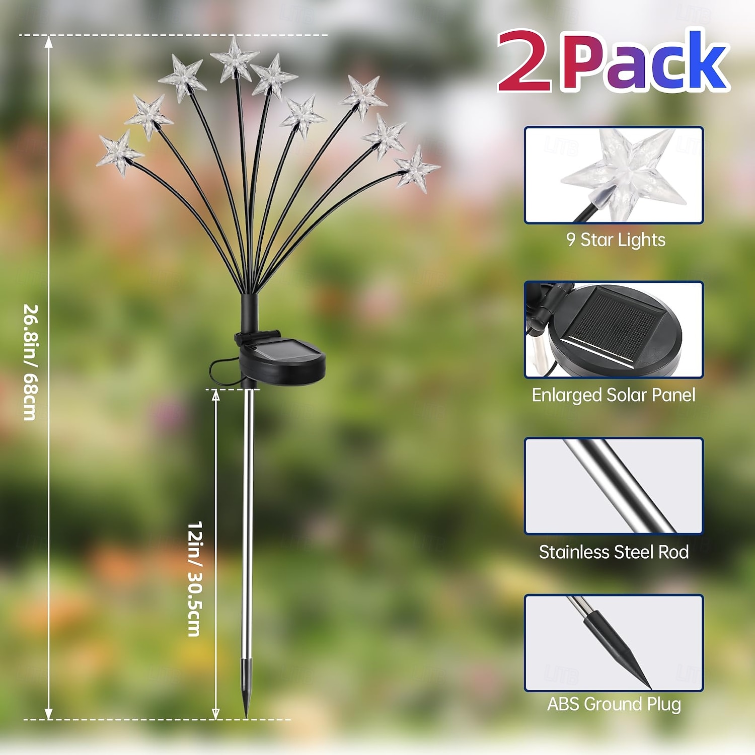 2 Pcs Patriotic  9 Heads outdoor solar waterproof red, white, blue tricolor pentagram ground mounted lights, 4th of July Independence Day 250th Anniversary Memorial Day for decoration lights 2026 - $23.99 –P8