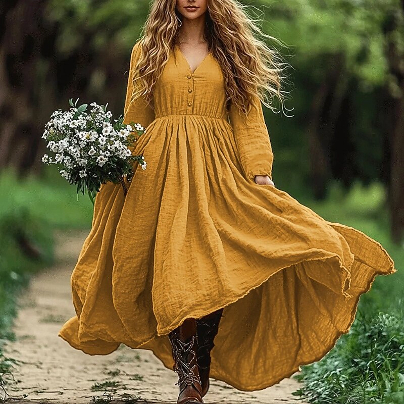 Per donna Abito Midi Abito in cotone e lino Abito Boho Classico Moderno All'aperto Vacanza Quotidiano Vestibilità regolare Semplice Manica Lunga Scollo a V Giallo Estate del 2025 a $29.99 –P1