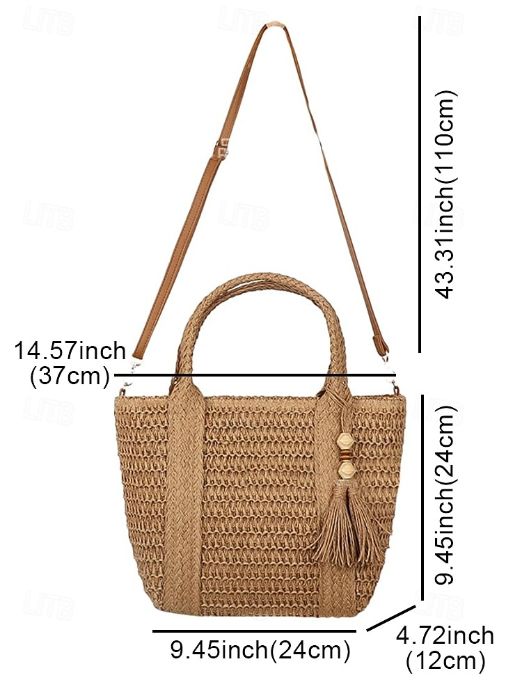 2026年 タッセルと木製ビーズが付いた女性用のボヘミアン織りトートバッグ。調節可能なショルダーストラップが付いており、片方の肩や斜めがけにでき、カジュアルなビーチ、休暇、屋外での使用に適しています。  コレクション – $26.99 –P12