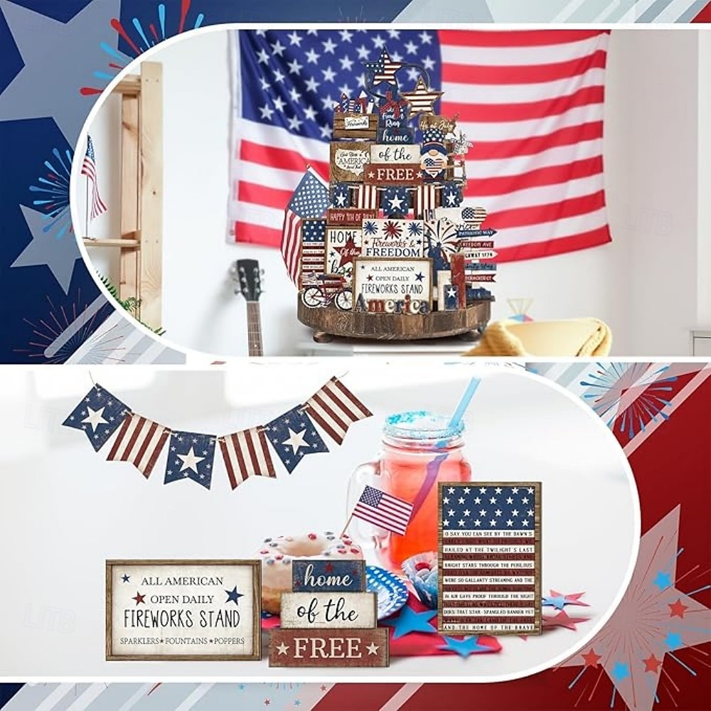 Patriotic Tiered Tray Decor Set for 4th of July and Memorial Day, Rustic Wooden Red White Blue Signs, Vintage Farmhouse Independence Day Table Decorations, Glow Americana Party Decor 2025 - $22.99 –P6