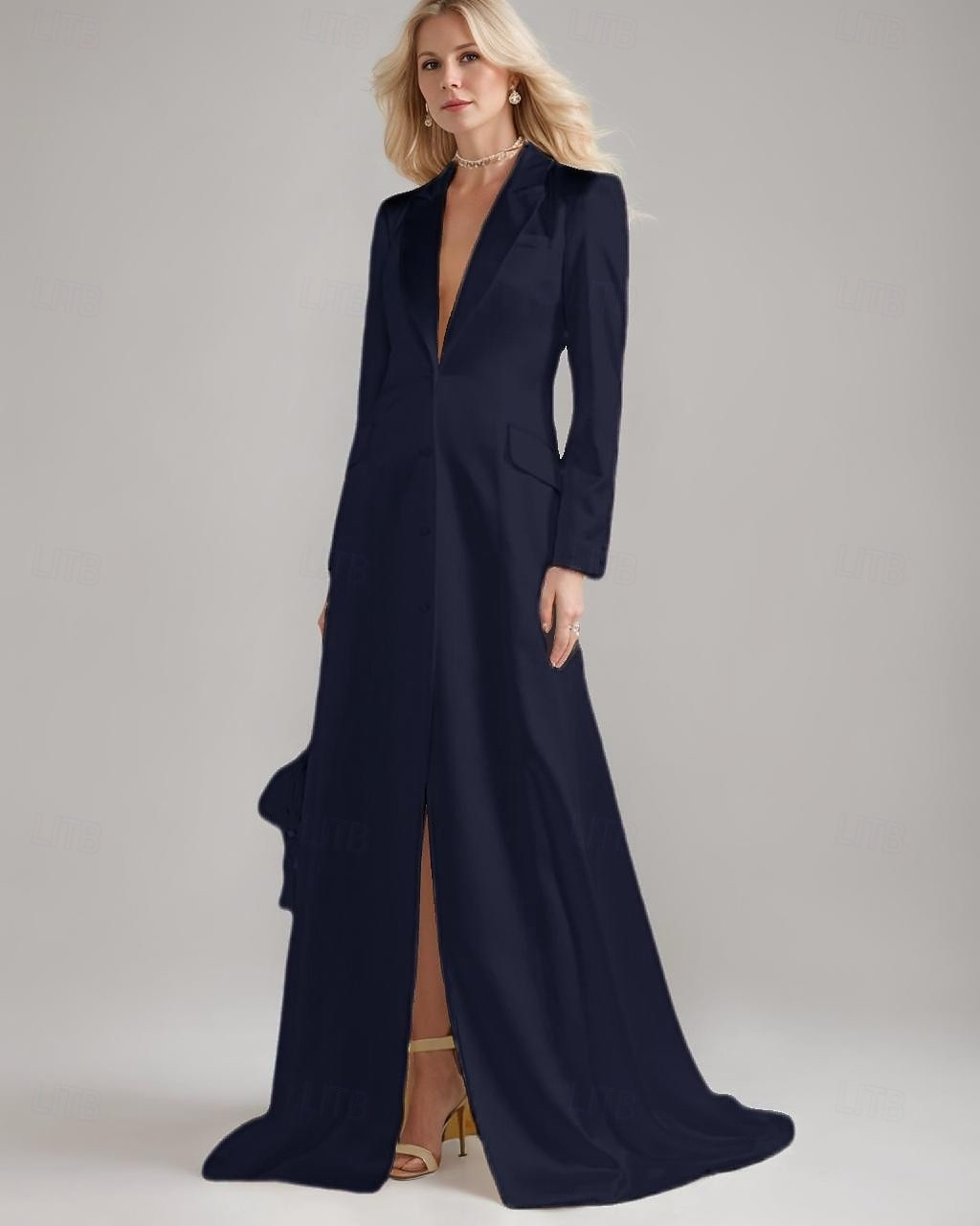 Blazer Kleid A-Linie Brautmutterkleid Smokingkleid Elegant Einfach Luxuriös V-Ausschnitt Mit Revers Bodenlang Satin Langarm mit Falten 2025 - $159.99 –P7