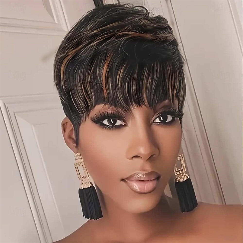 Parrucche pixie cut per donne nere, parrucca sintetica, parrucca pixie cut, parrucche corte a strati, piene con frangia nera del 2025 a $24.99 –P2