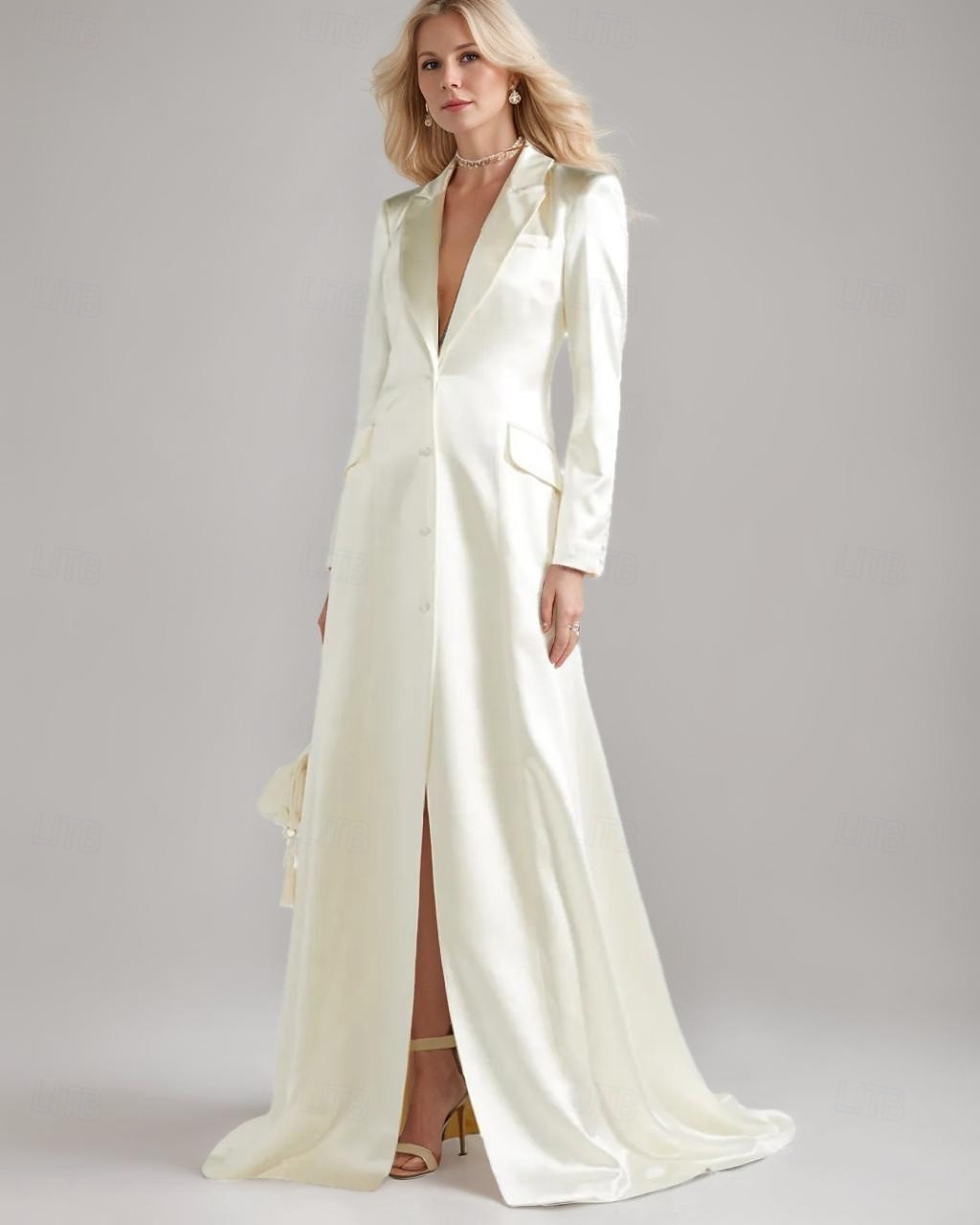 Blazer Kleid A-Linie Brautmutterkleid Smokingkleid Elegant Einfach Luxuriös V-Ausschnitt Mit Revers Bodenlang Satin Langarm mit Falten 2025 - $159.99 –P1