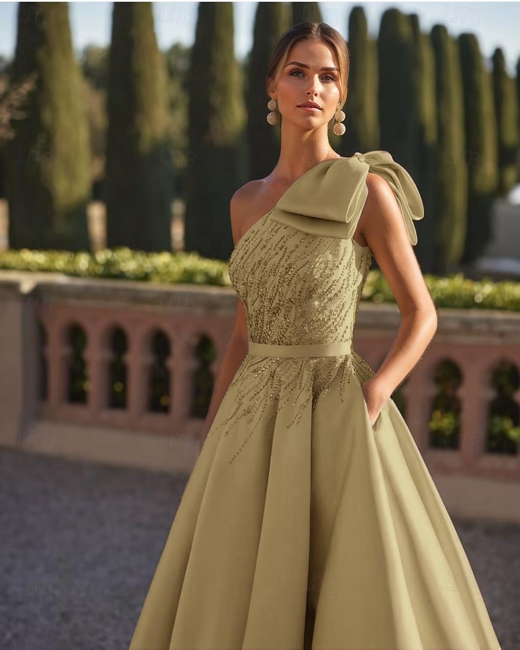 A-Linje Kveldskjole Elegant Kjole Formell Bryllup Gulvlengde Uten Ermer One Shoulder Sateng med Glitter Sløyfe(r) Perler 2025 - $229.99 –P6