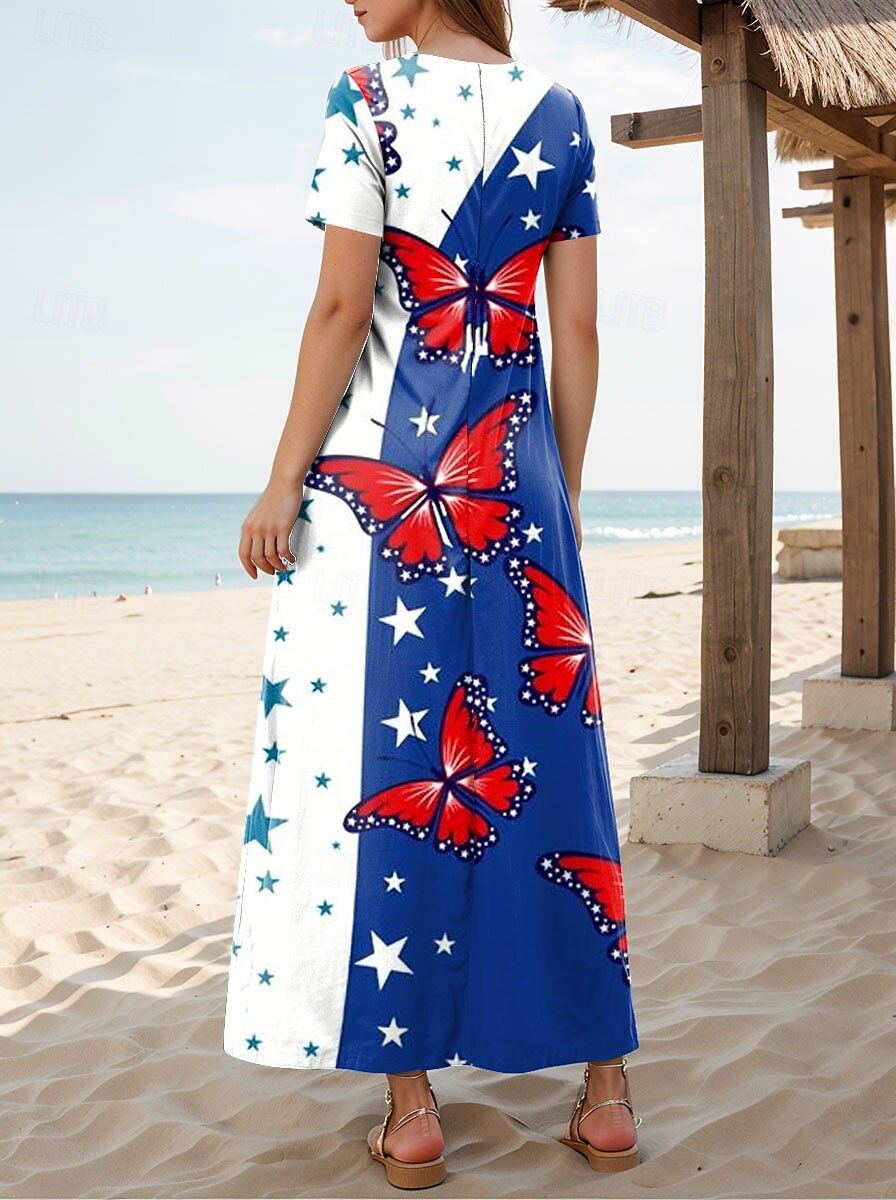 Kobiece Patrioticzne Sukienka Maxi T-Shirt Sukienka Tee Sukienka Letnia Casual Motylkowe Rękawy Plaża Regularny Krój Graficzne Gwiazdy i Paski Krótki Rękaw Okrągły Dekolt Czerwony Niebieski 2025 - $22.99 –P4