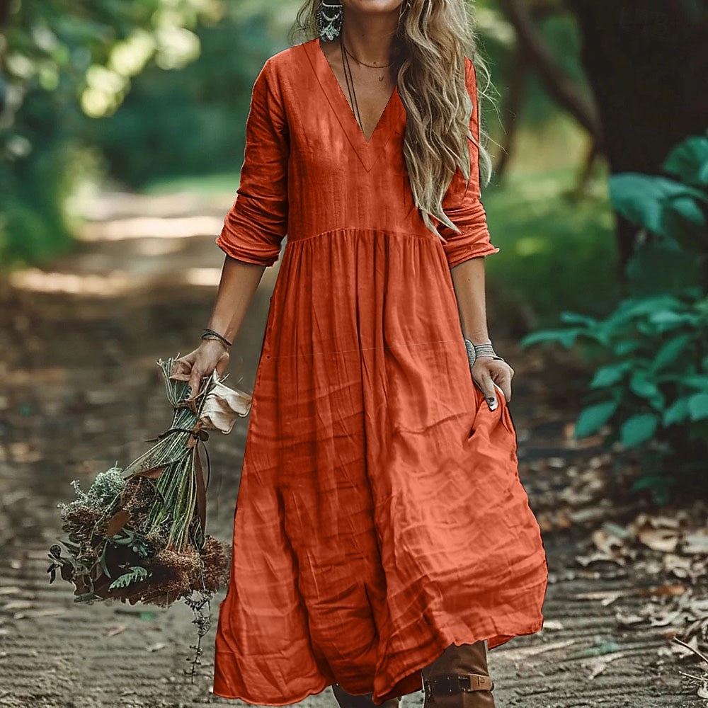 Femmes Robe Longue Maxi Robe Robes en coton et lin Robe Décontractée Robe bohème Mode Extérieur Soirée Fête Coupe régulière Uni manche longue Col en V Noir Vert Véronèse Orange Été de 2025 ? $28.99 –P2