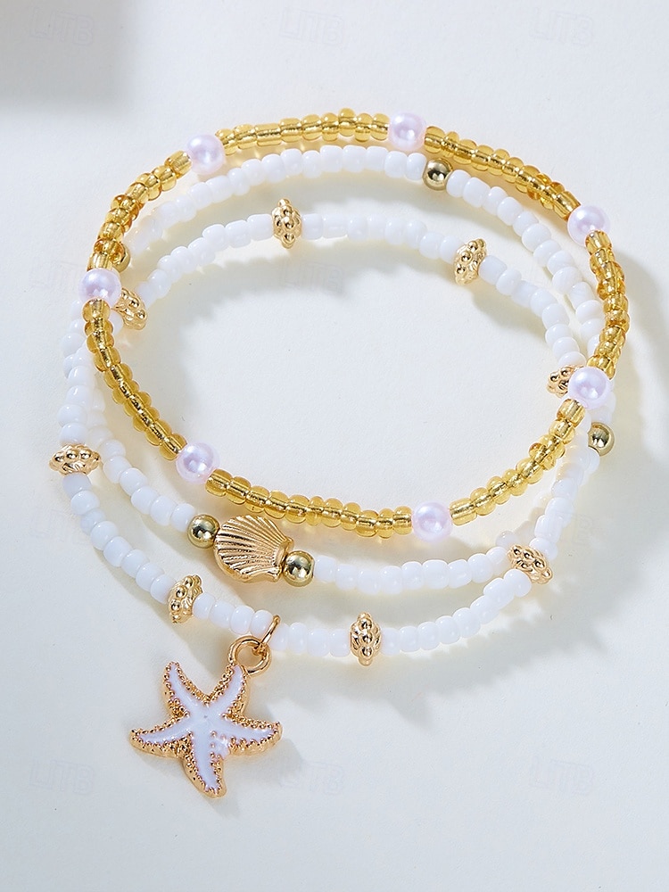 Conjunto de collar y pulsera tobillera en capas estilo playa para mujer con dijes de estrellas de mar y conchas, diseño de cuentas doradas y blancas, adecuado para vacaciones de verano, estilo casual y bohemio. 2025 - $9.99 –P7