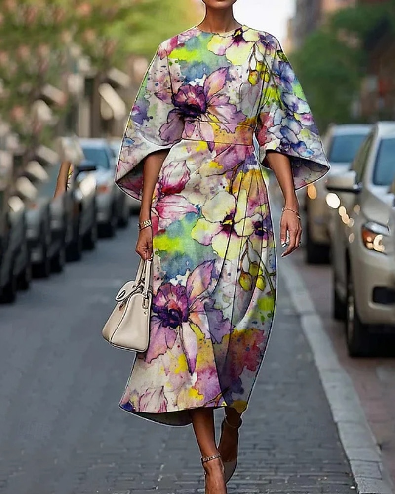 Dame Midikjole Floral kjole Print kjole Elegant Mote utendørs Feriereise Ut på byen Normal Blomsternål i krystall Halvlange ermer Crew-hals Rosa Fersken Grønn Mørkeblå Sommer 2025 - $25.99 –P4