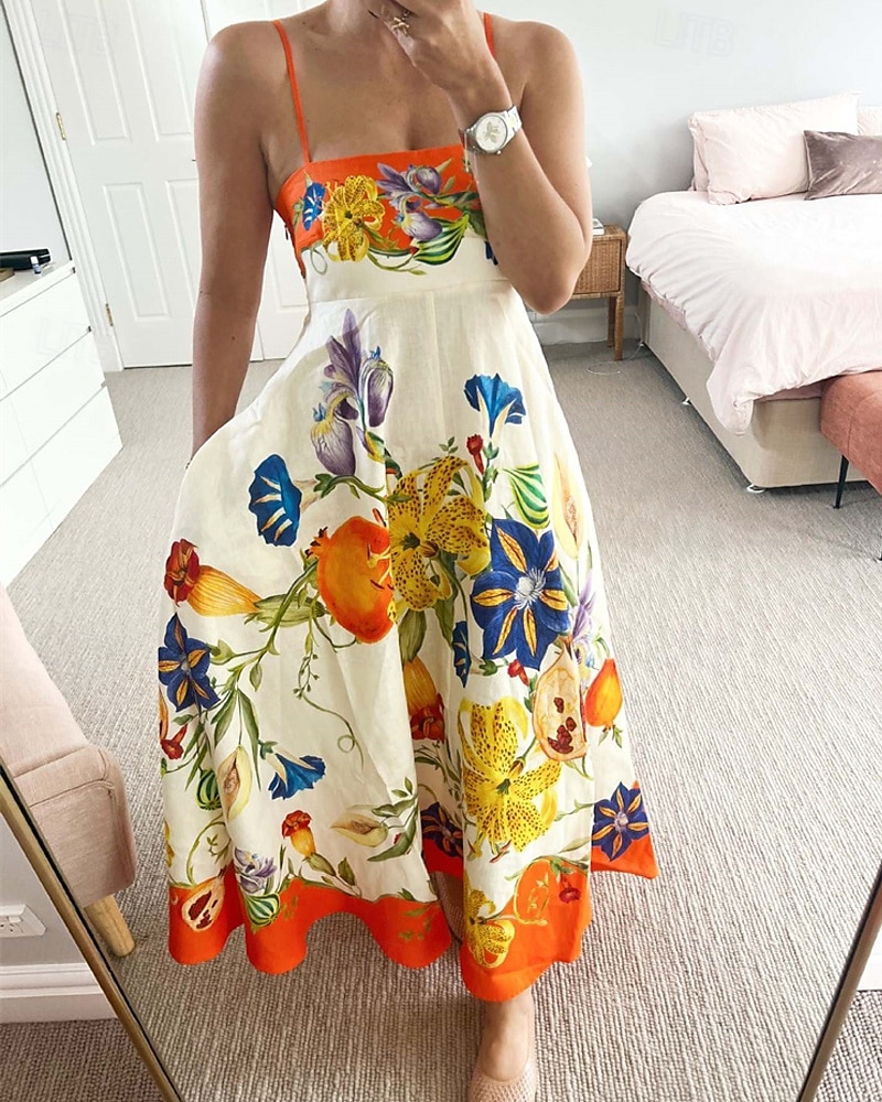 Pentru femei Rochie Lunga Rochie Maxi Rochii de in bumbac Rochie casual Modă În aer liber Petrecere Concediu Fit regulat Floare Fără manșon Bretele Spagheti Portocaliu Vară 2025 - $36.99 –P2