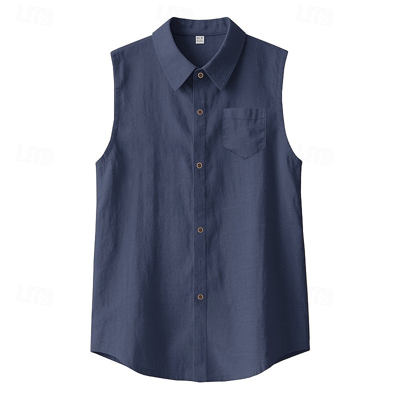 Men's Shirt Linen Shirt Summer Shirt Beach Wear Sleeveless Shirt Solid Color Vacation Street Black White Green Khaki Sleeveless Shirt Collar Summer Spring Clothing Apparel Pocket 2026 - $21.99 –P8