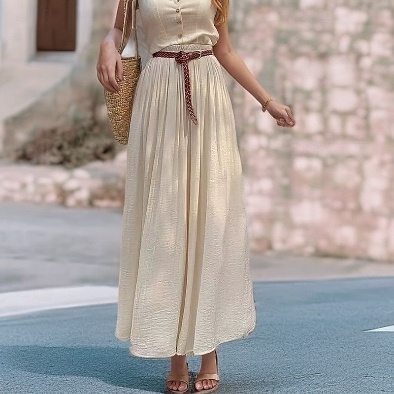 Damen Asiatische Größe Schwingend Leinenröcke Elegant Lässig Midi Hohe Taille Röcke Einfarbig Gerafft Plissiert Fließend Mikroelastisch Urlaub Täglich Wein Schwarz Weiß Rosa Frühling, Herbst, Winter 2025 - $32.99 –P5