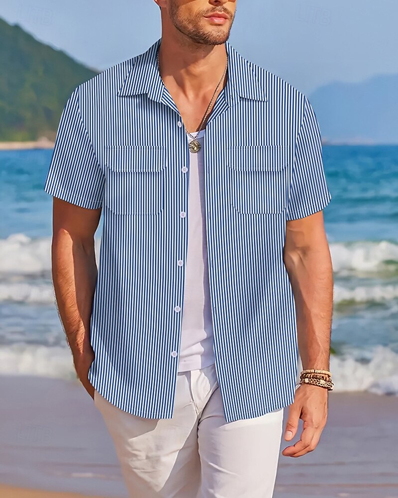 Herren Hemd Sommerhemd Freizeithemd Strandhemd Knopfhemd Rosa Wein Blau Grün Dunkel Blau Kurzarm Streifen Revers Urlaub Hawaiianisch Fronttasche Bekleidung Baumwollmischung Mode Lässig Bequem 2025 - $17.99 –P1