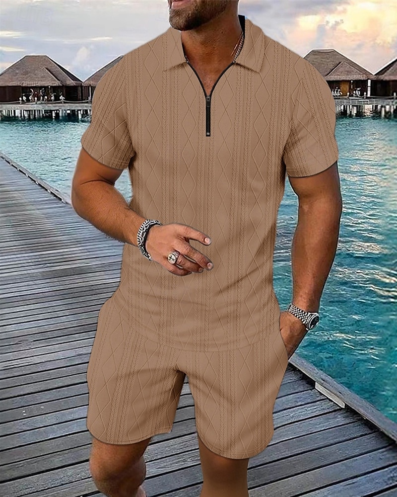 Men's Quarter Zip Polo Golf Shirt Daily Holiday Lapel Short Sleeve Fashion Basic Plain 2 Piece Jacquard Summer Regular Fit Black White Blue Khaki Army Green Gray Quarter Zip Polo 2025 - $32.99 –P6
