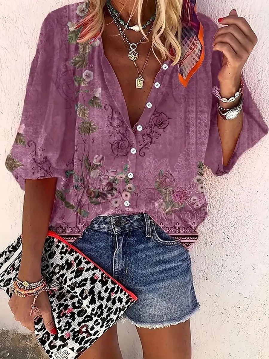 Dame Bluse Blomstret Grafisk Bohem Daglig Fritid 3/4 ermer Høyhalset Vanlige topper Rynket Broderi Knapper Navyblå Lilla Sommer Vår 2025 - $34.99 –P4