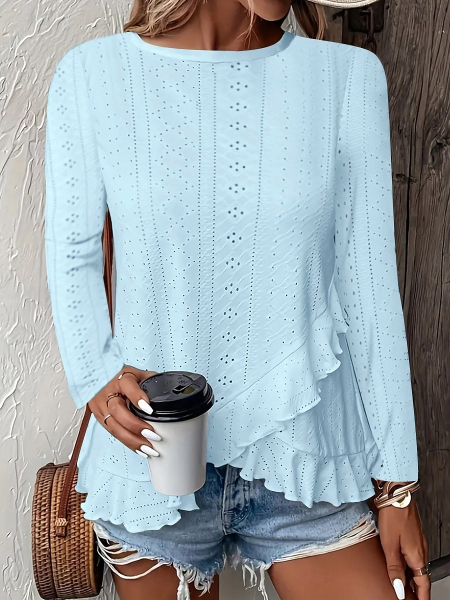 Dame Bluse Helfarge Stilfull Fritid Langermet Crew-hals Vanlige topper Daglig Drapering Snørehull Hvit Gul Blå Grønn Sommer Vår 2025 - $17.99 –P5