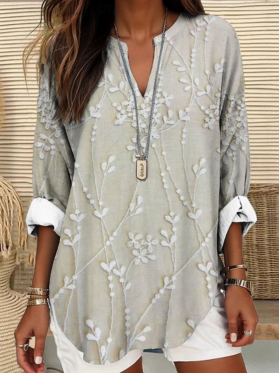 Damen Bluse Sommer Oberteile Blumendruck Vintage Tropen Hawaii Langarm V-Ausschnitt Reguläre Oberteile Täglich Feiertag Strandmode Druck Marineblau Blau Lila Grün Beige Sommer Frühling 2025 - $24.99 –P2