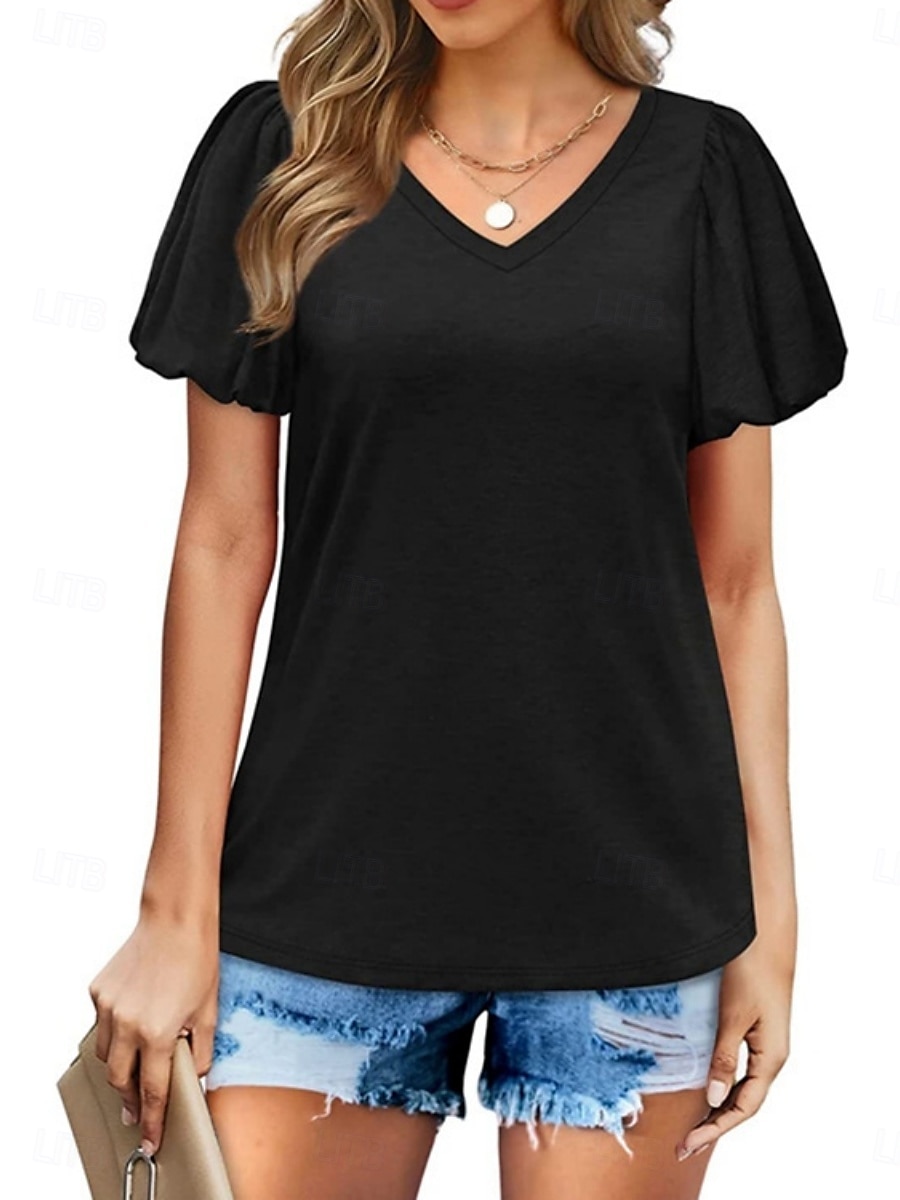 Femmes Chemisier Couleur Unie Quotidien Élégant Occasionnel Manche Courte Col en V Hauts Réguliers Quotidien Noir Blanche Vert Été Printemps de 2025 ? $17.99 –P5