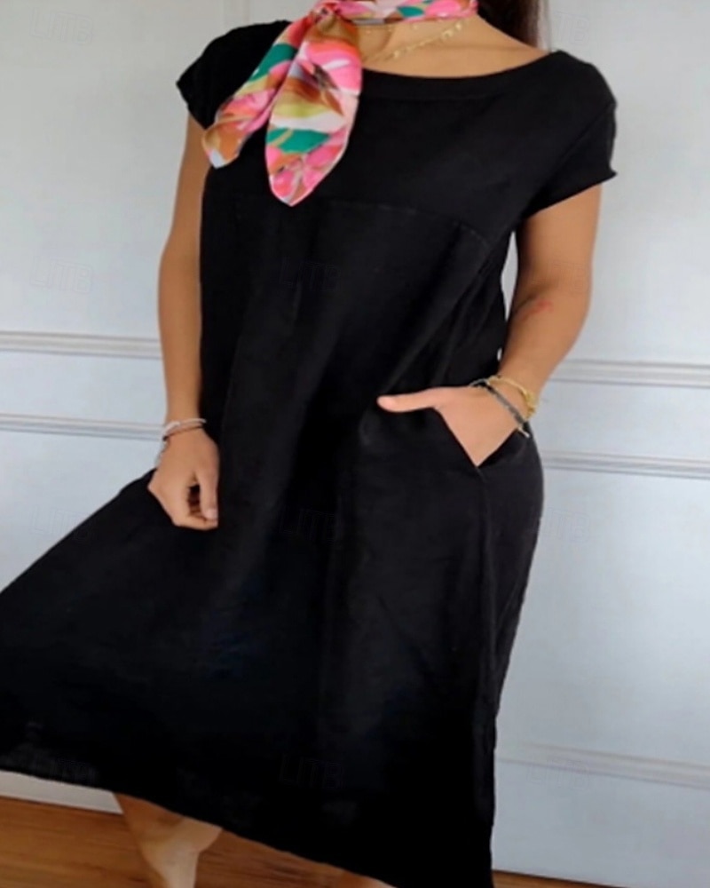 Per donna Abito Midi Vestito Casual Abito in cotone e lino Moda Classico All'aperto Ferie Uscire Vestibilità regolare Semplice Manica Corta Girocollo Nero Bianco Cachi Estate del 2025 a $32.99 –P6