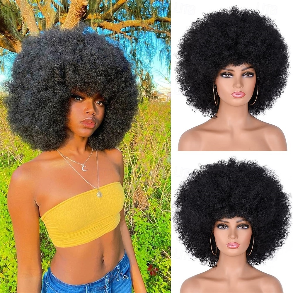 Peluca Afro Años 70 Para Mujer (azul) | Rizada, Con Flequillo Y Sin Necesidad De Pegamento