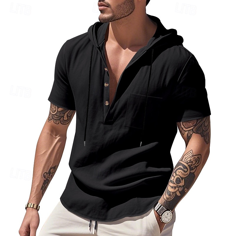 Men's Shirt Linen Shirt Popover Shirt Casual Shirt Cotton Shirt Plain Vacation Street Black White Navy Blue Brown Short Sleeve Hooded Summer Clothing Apparel Lace up 2025 - $22.99 –P13