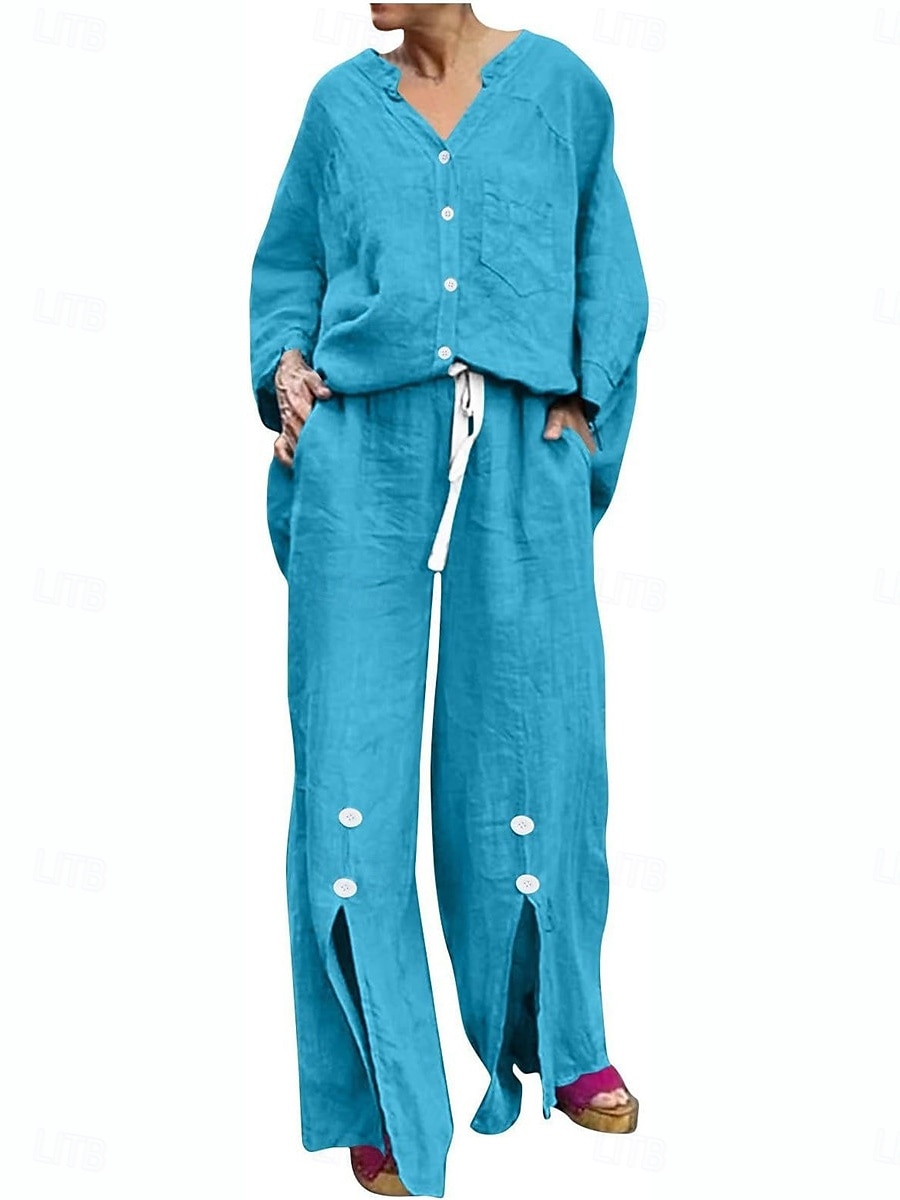 Femmes Actif Basique Ensembles en coton et lin manche longue Col en V Couleur Unie Décontracté Quotidien Noir Blanche Jaune Été Coupe régulière de 2025 ? $28.99 –P13