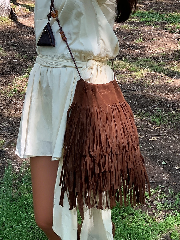 Borsa a tracolla boho da donna con frange e tracolla con perline – borsa a tracolla vintage in pelle scamosciata per festival, viaggi e outfit casual del 2025 a $18.99 –P3