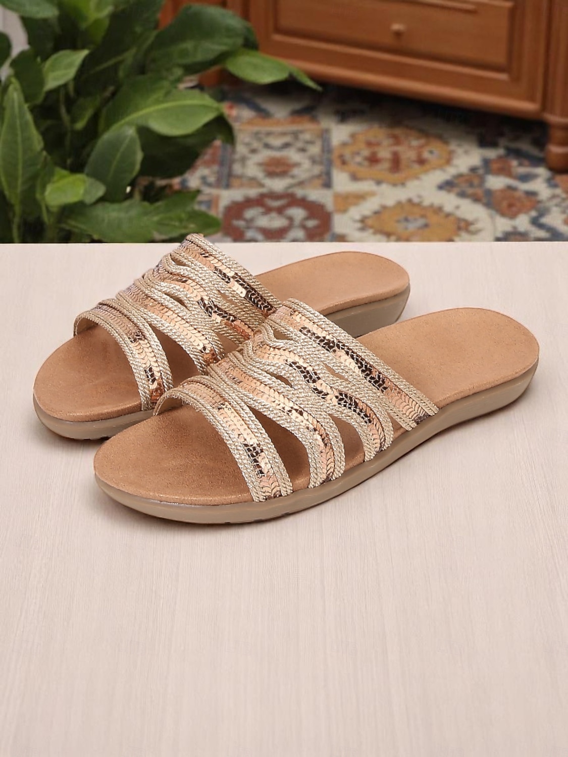 Women's Bronze Multi-Strap Flat Slide Sandals – Bohemian Style Open Toe Slippers for Daily Wear, Travel, and Vacation 2026 - $29.99 –P4